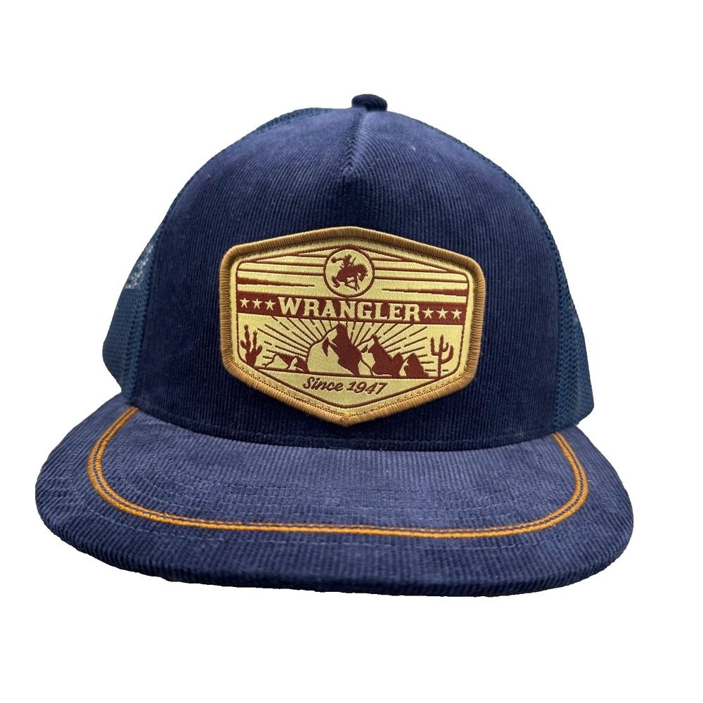 Wrangler Corduroy Trucker Cap Hat Snapback Mesh Patch Blue Western Cowboy NEW